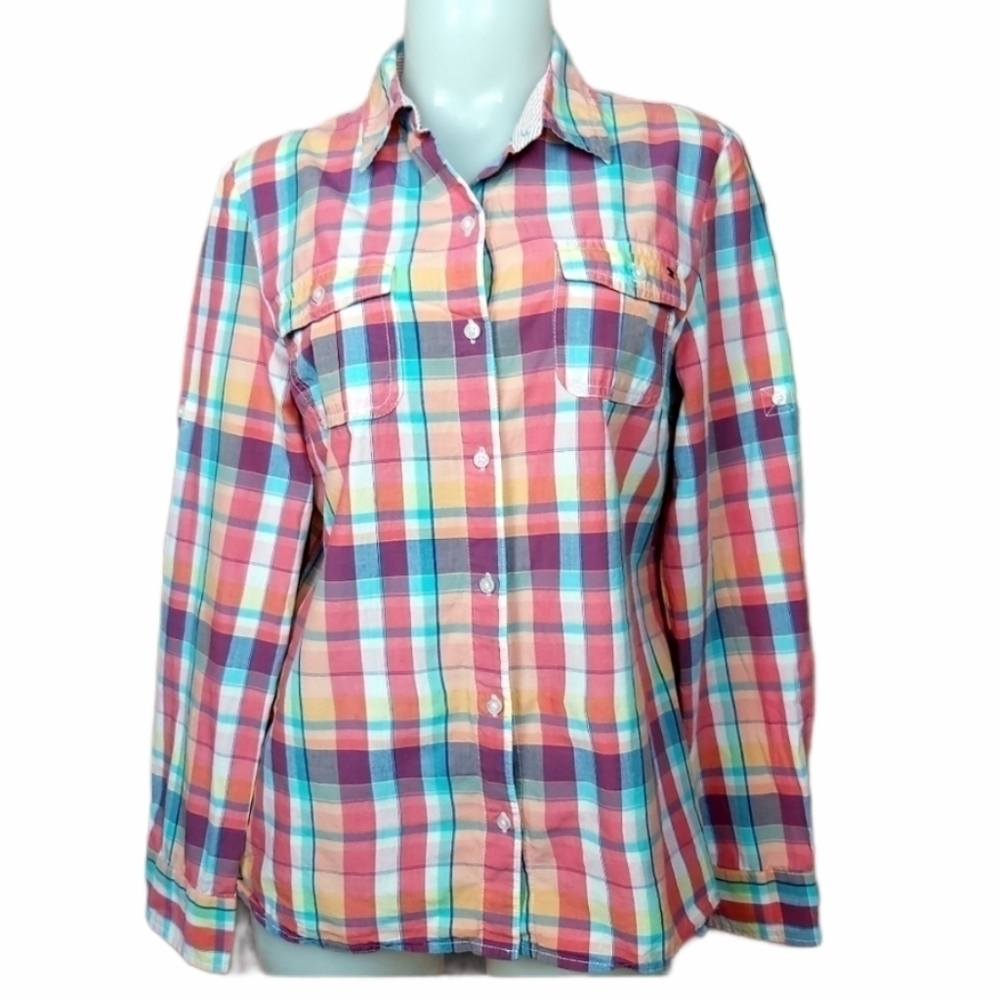 𝅺Tommy Hillfiger Long Sleeves Pastel Plaid 100% Cotton Light Shirt Size Large